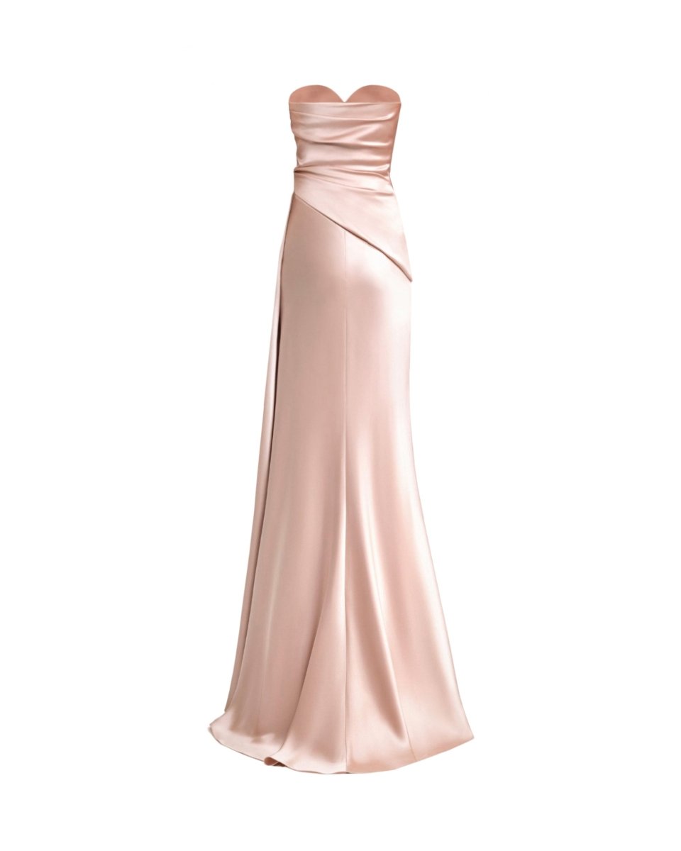 Strapless Asymmetrical Draped Satin Dress
