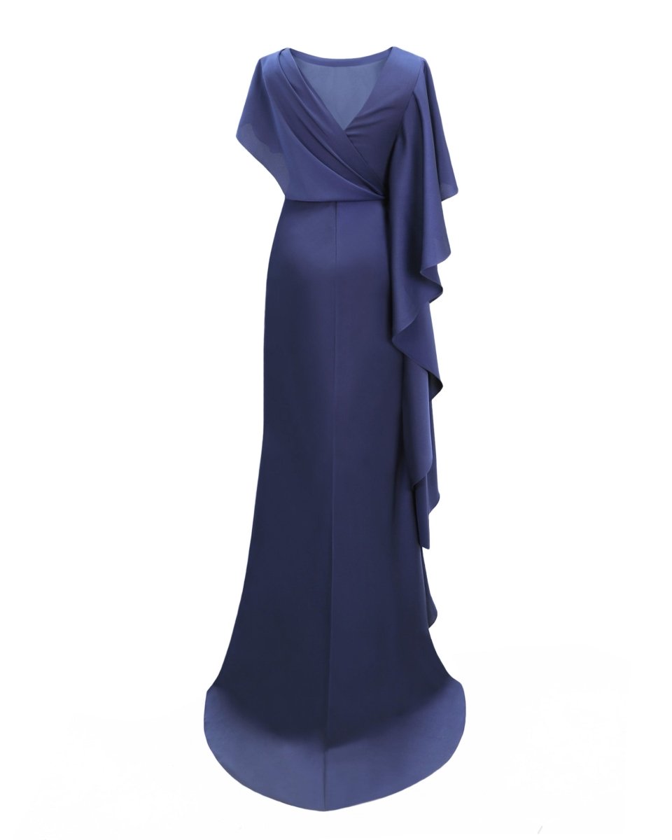 Asymmetrical Ruffled Draped Navy Dress
