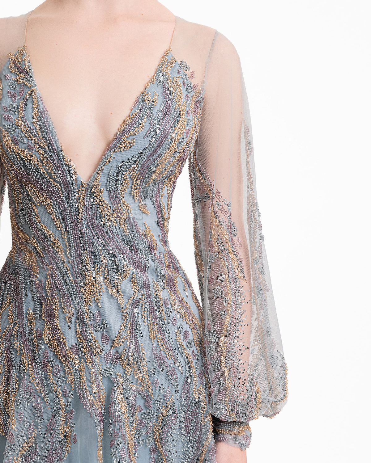 Beaded Sheer Sleeves Dress