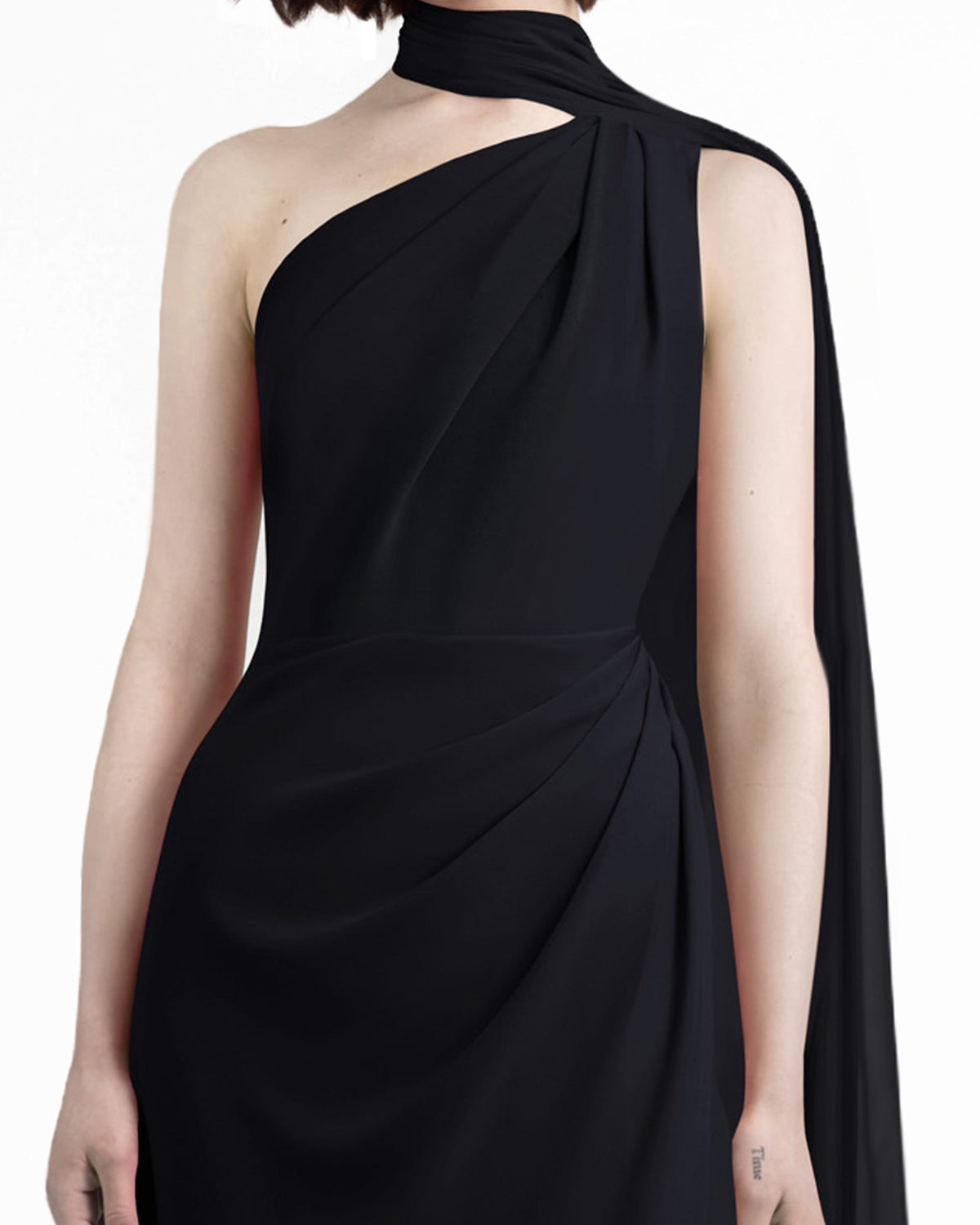 Asymmetrical Draping Black Crepe Dress