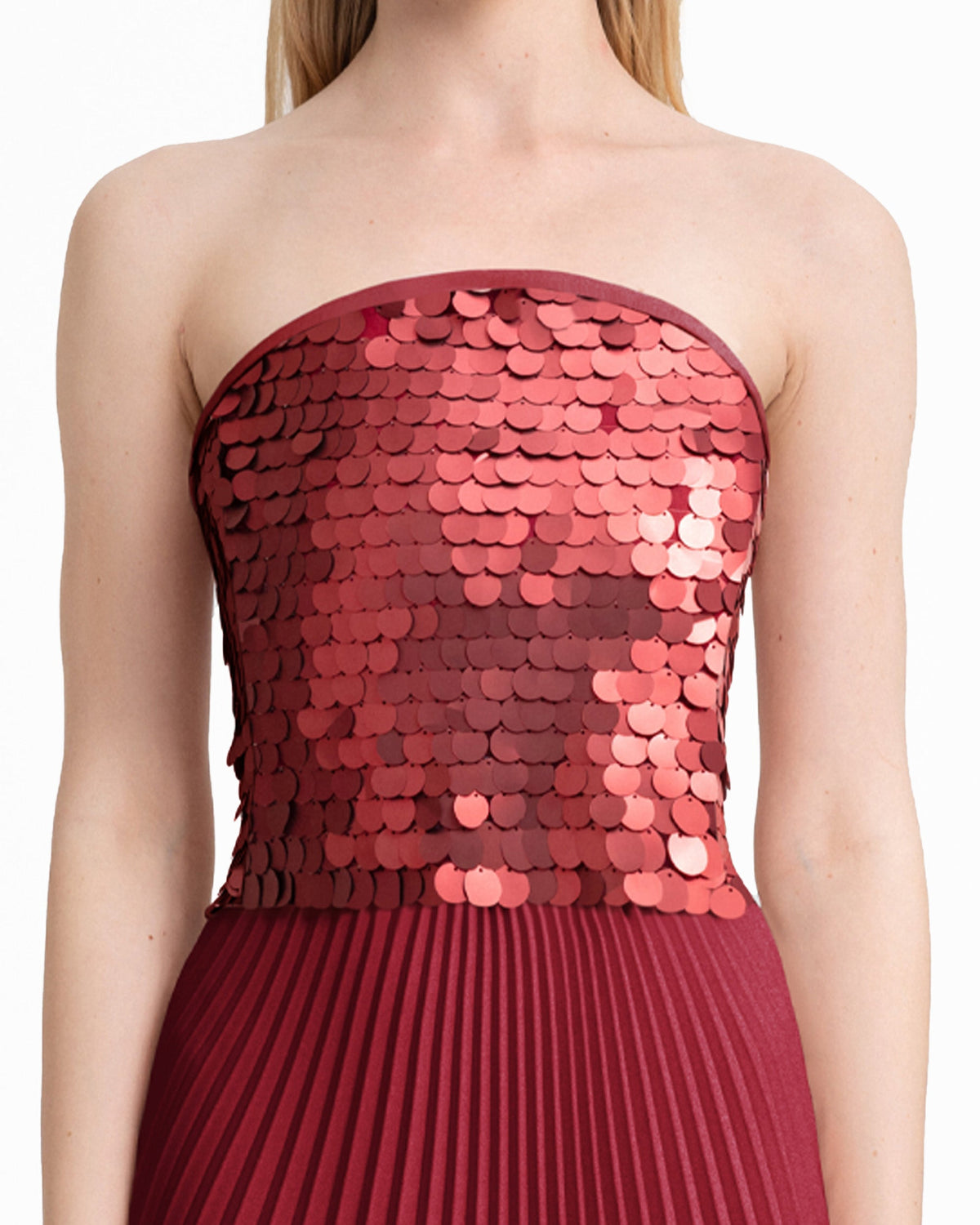 Strapless Sequin Bodice Dress with Plissé Skirt