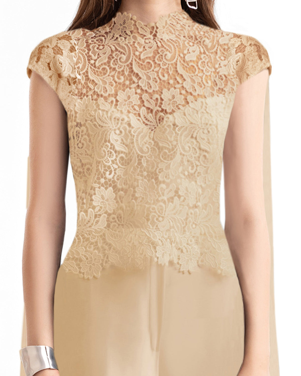 Floral Guipure Top with Cape & Wide-Leg Pants