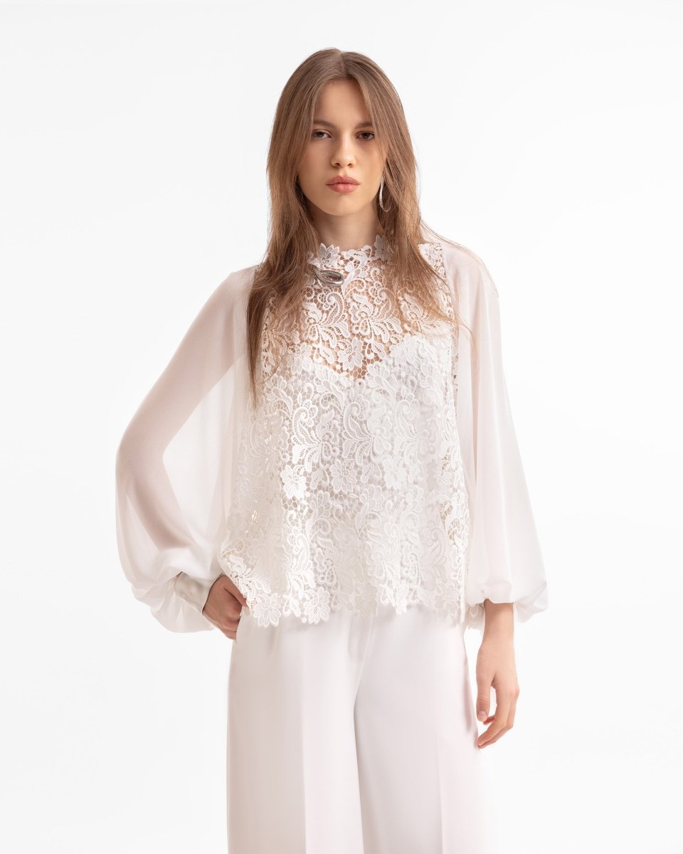 Guipure Top & Wide-Leg Pants Set