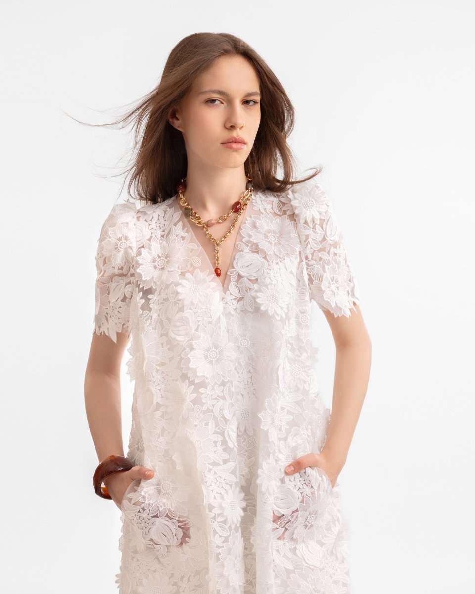 3D Floral Puff Shoulder Dress
