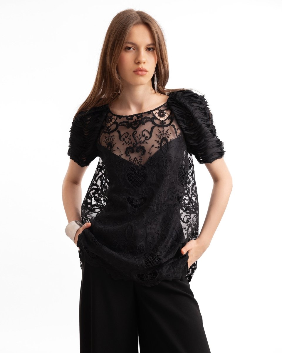 Embroidered Lace Top with Wide-Leg Pants