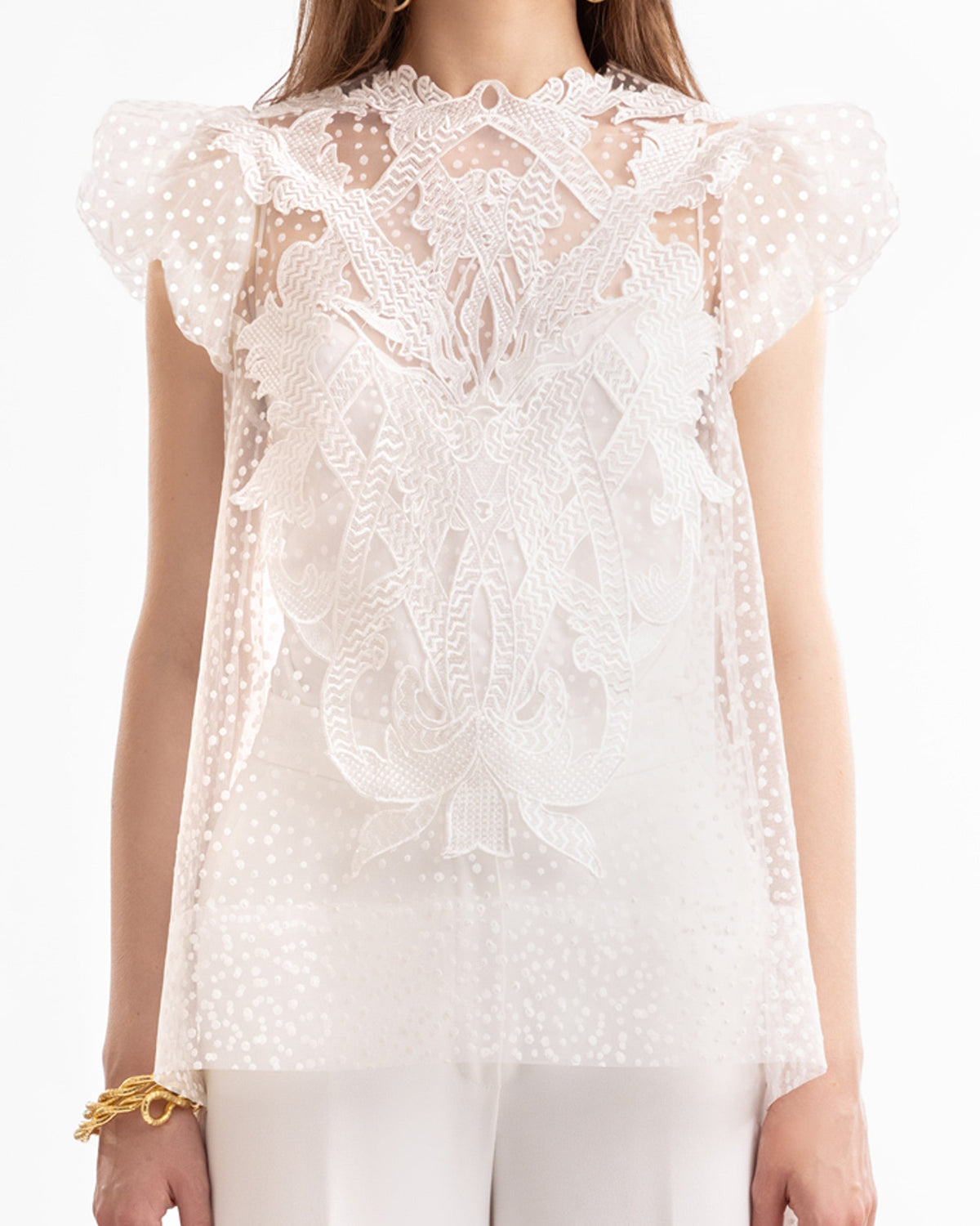 Embroidered Top with Train & Wide-Leg Pants