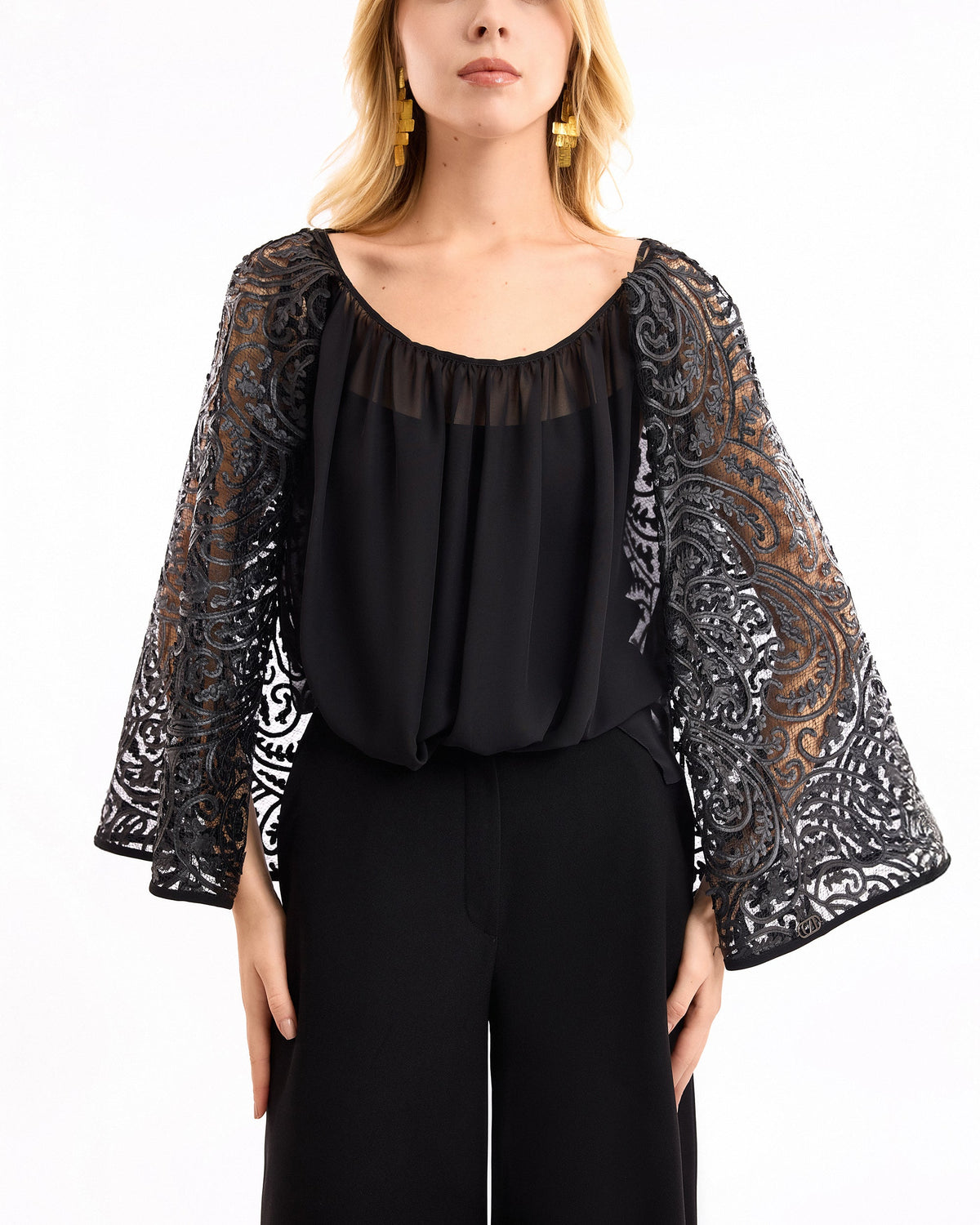 Sheer Leather-Sleeve Top with Trousers