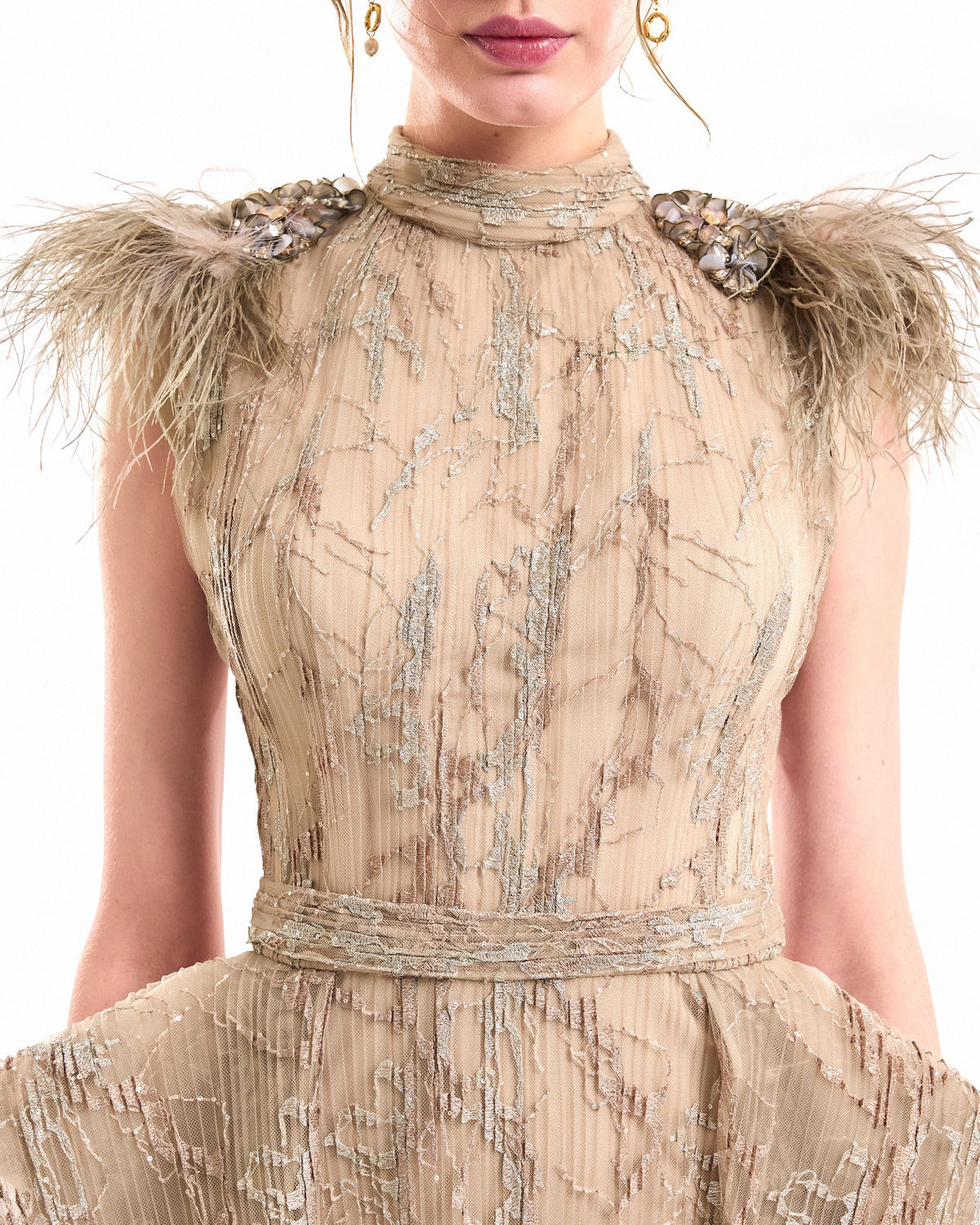 Feathered Shoulder Hip-Panel Dress