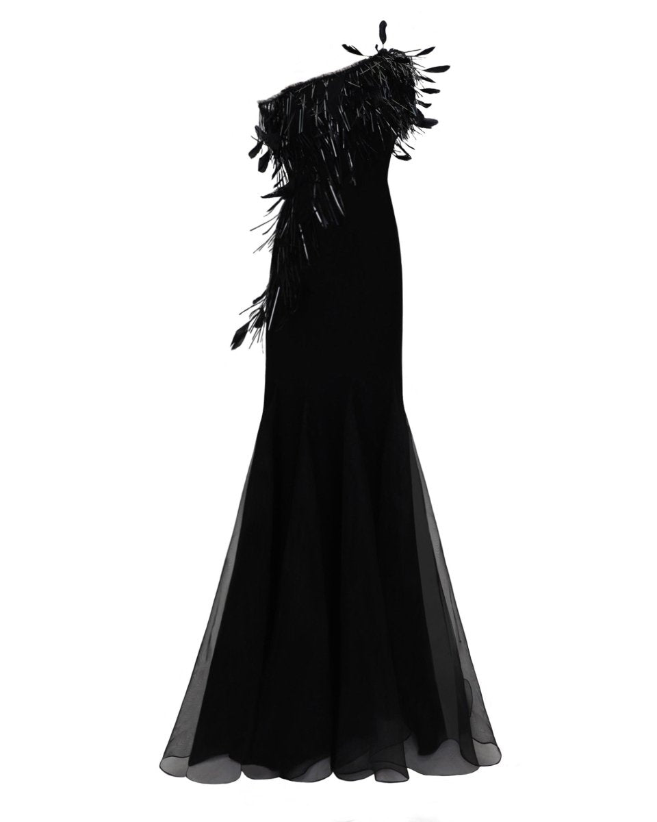 Asymmetrical Feather Neckline Dress
