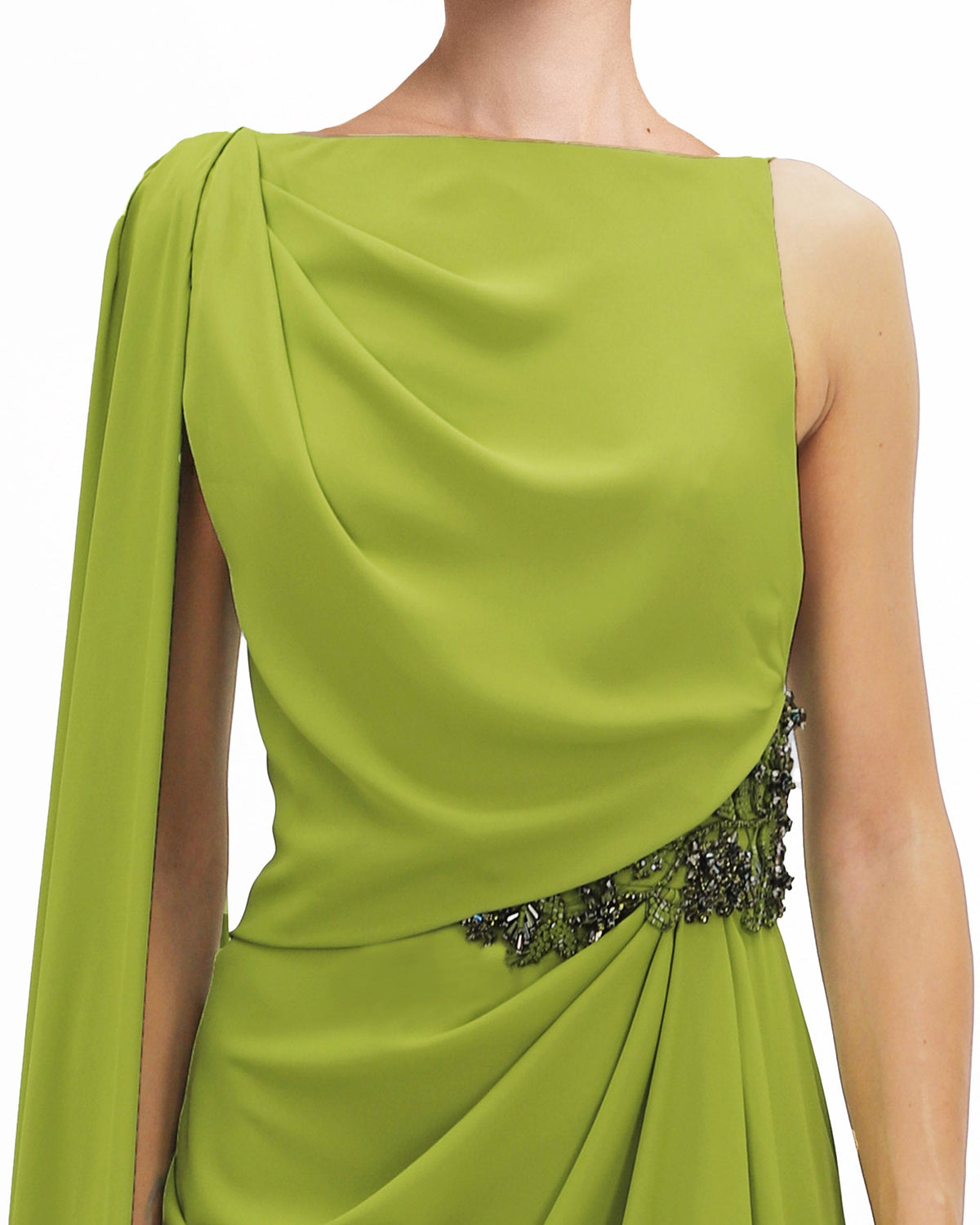 Cape-Like Sleeve Dress with Beaded Waistline