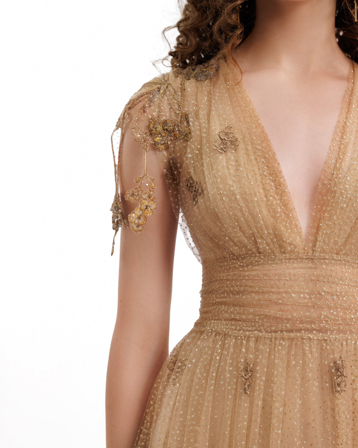 V-Neck Embroidered Tulle Gown