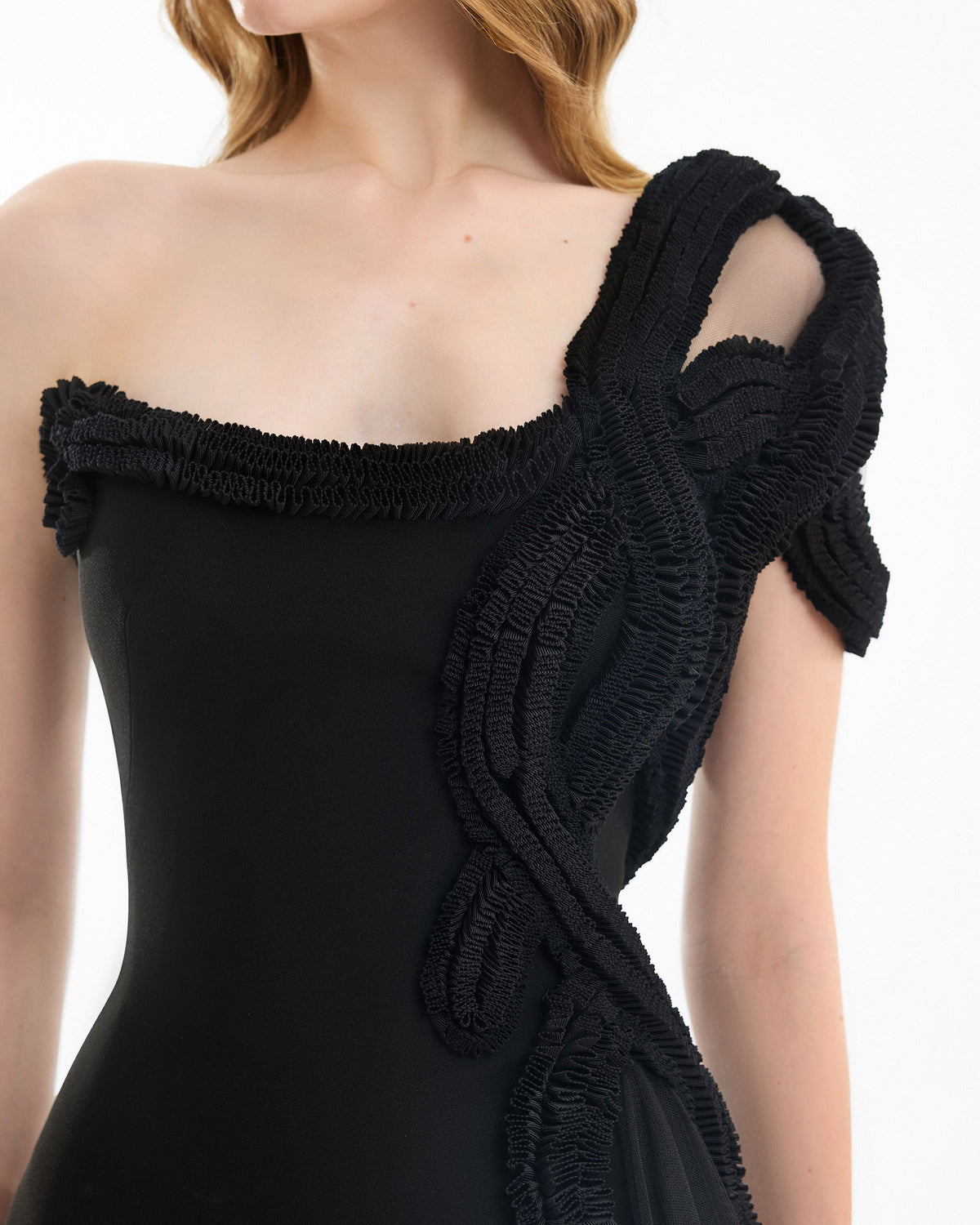 One-Shoulder Dress with Sculptural Embroidery