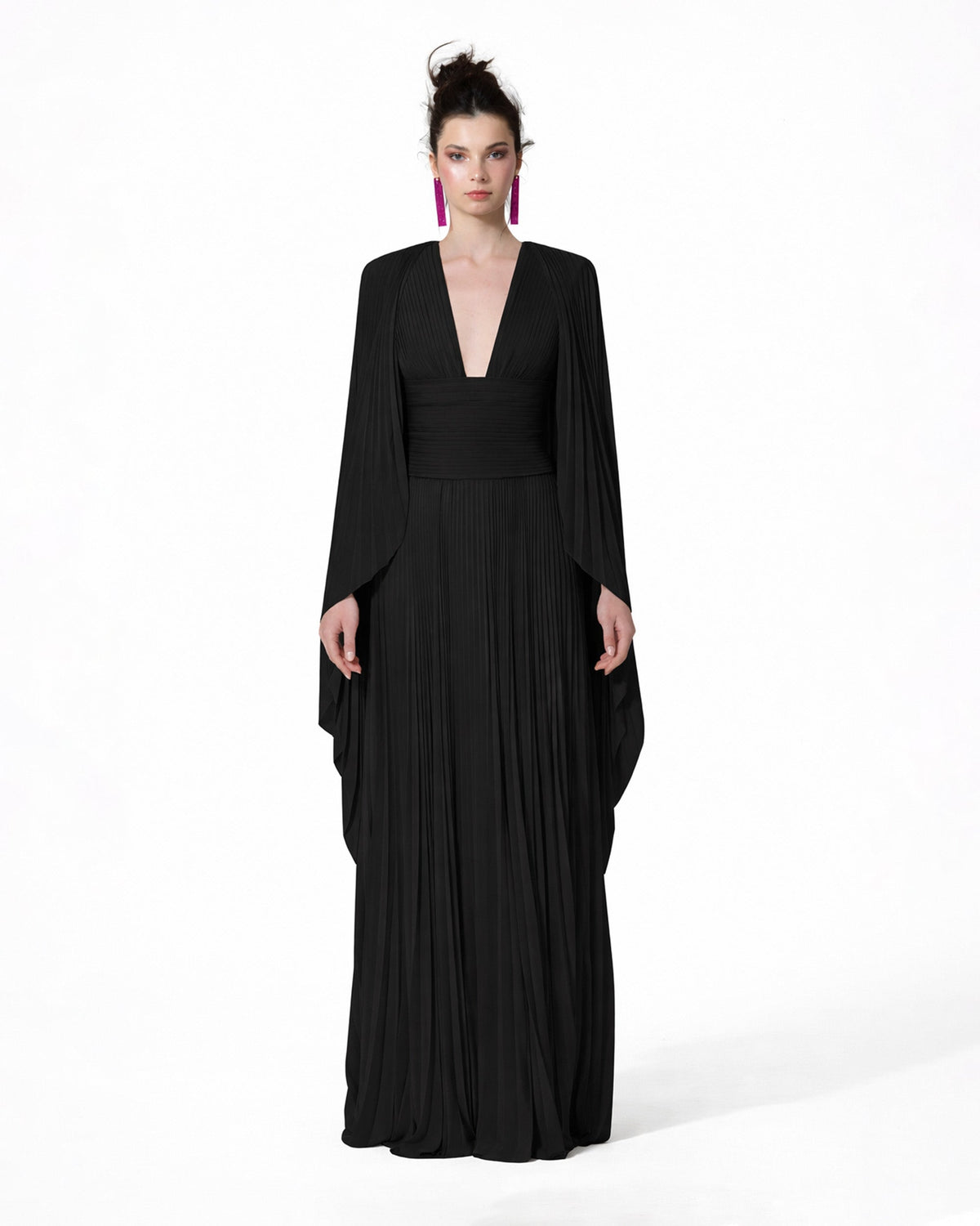 Fully Pleated Black Kaftan With Deep V-Neck
