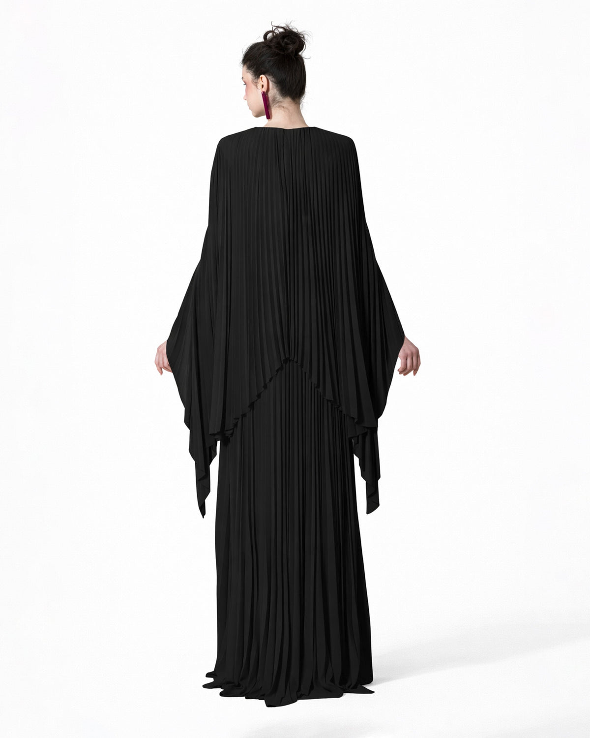 Fully Pleated Black Kaftan With Deep V-Neck
