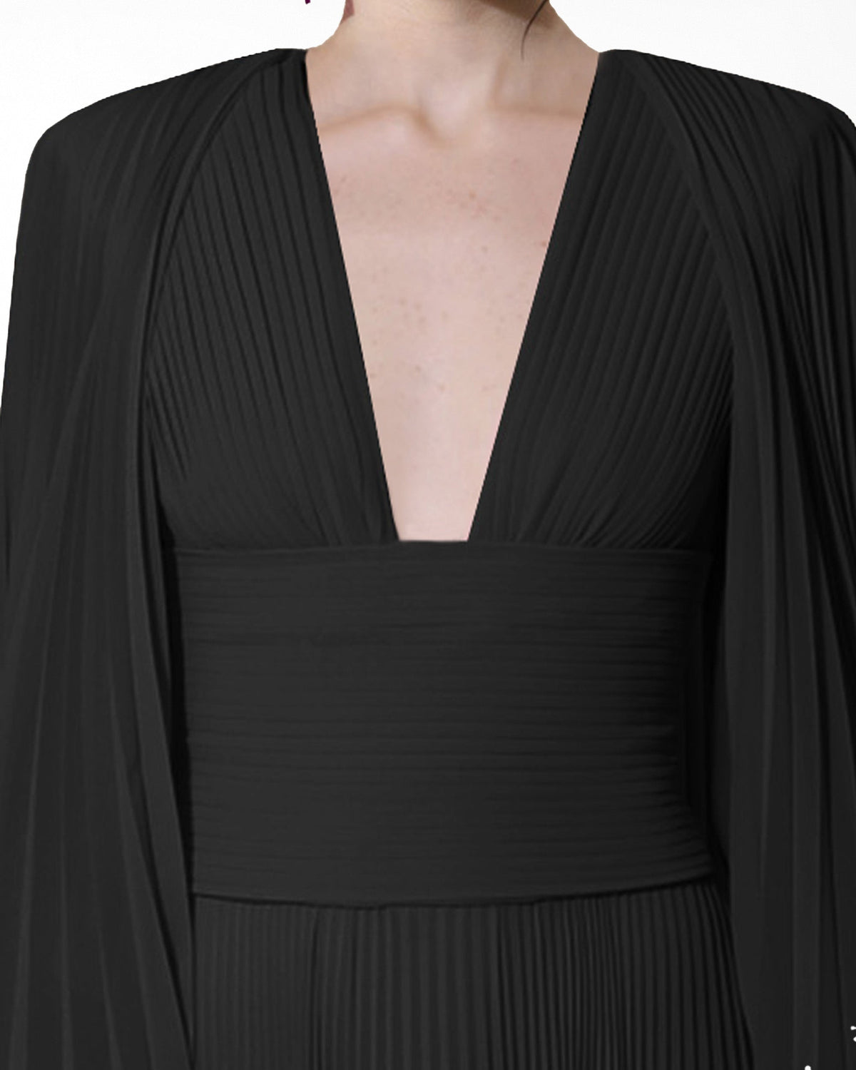 Fully Pleated Black Kaftan With Deep V-Neck