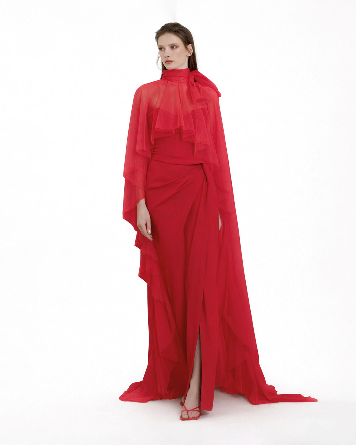 Strapless Slim Cut Red Dress with Cape
