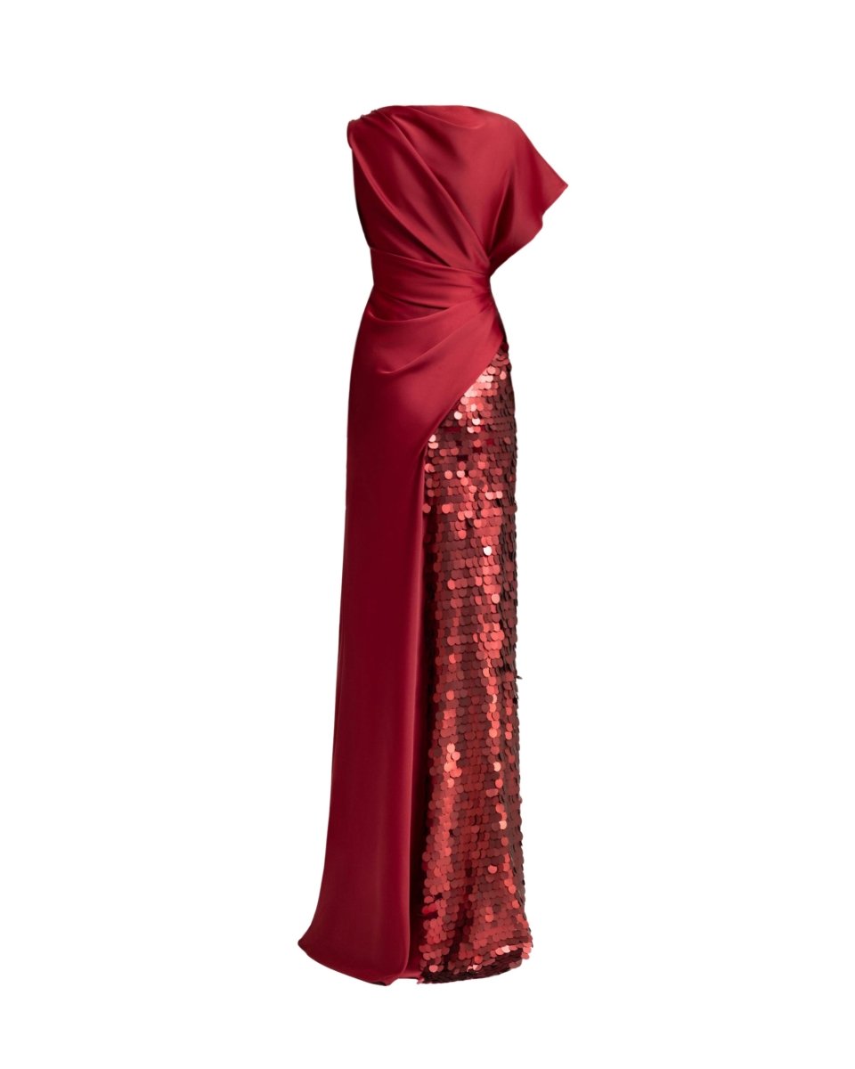 Asymmetrical Satin Dress with Slit and Sequins