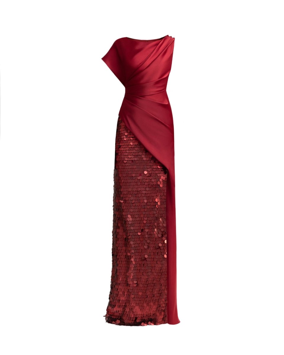 Asymmetrical Satin Dress with Slit and Sequins