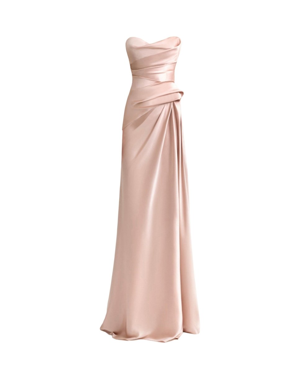Strapless Asymmetrical Draped Satin Dress