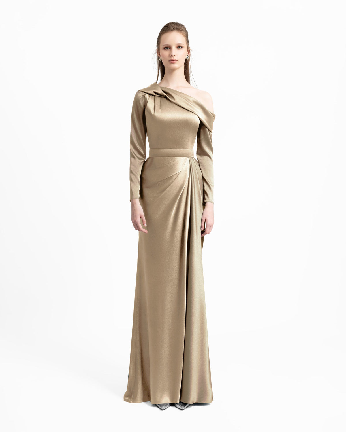 Gold Asymmetrical Draped Neckline Dress