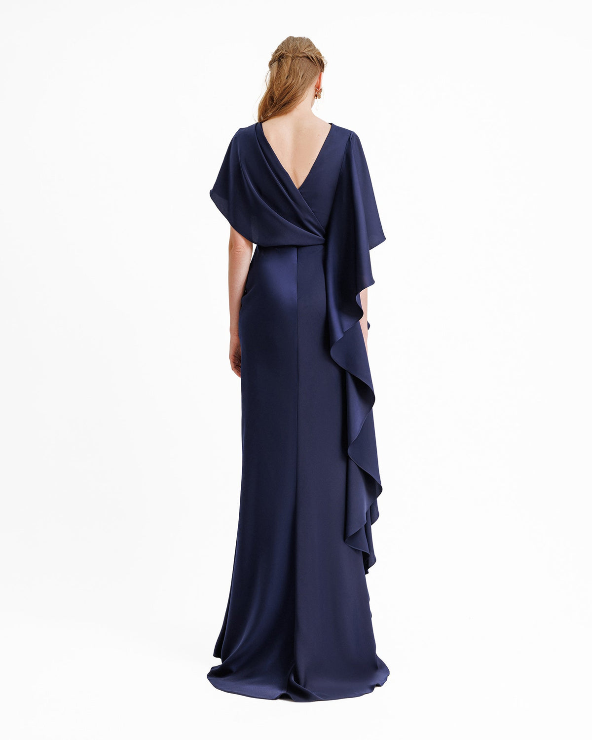Asymmetrical Ruffled Draped Navy Dress