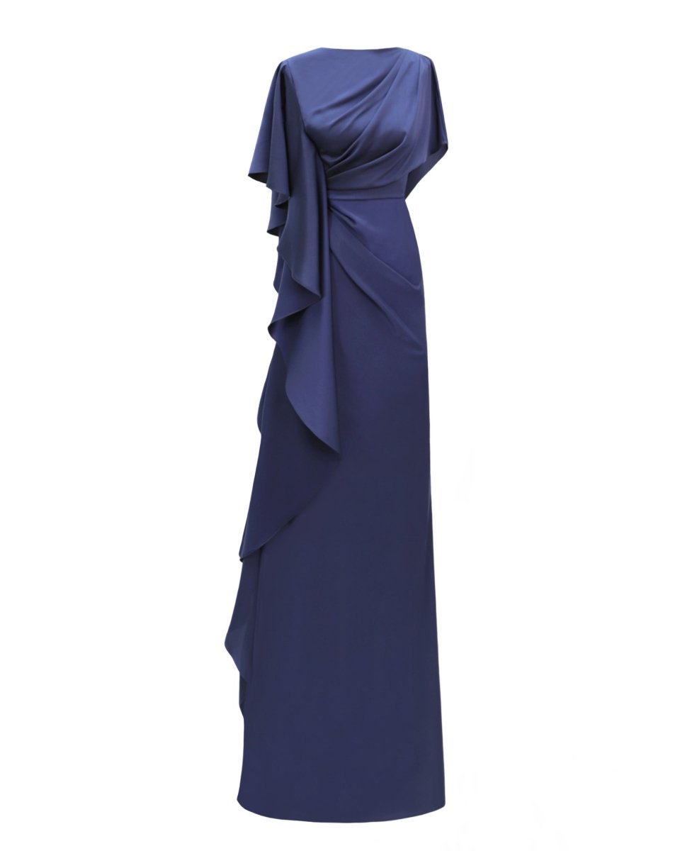 Asymmetrical Ruffled Draped Navy Dress