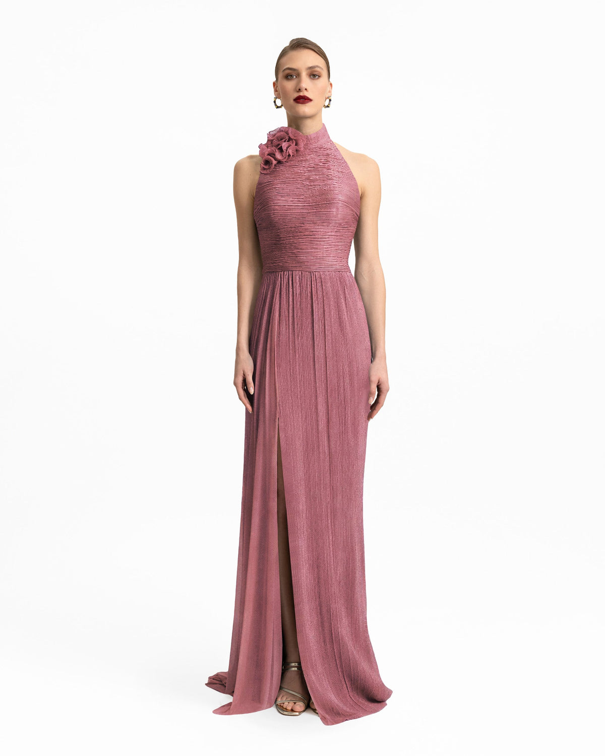High-Collar Dress with Floral Detail