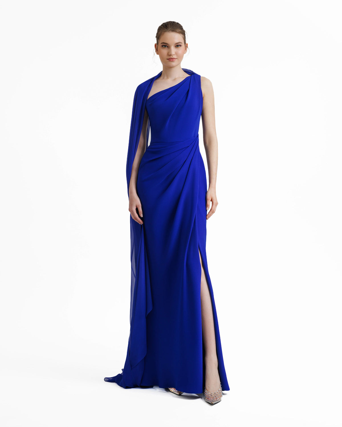 Asymmetrical Draping Blue Crepe Dress