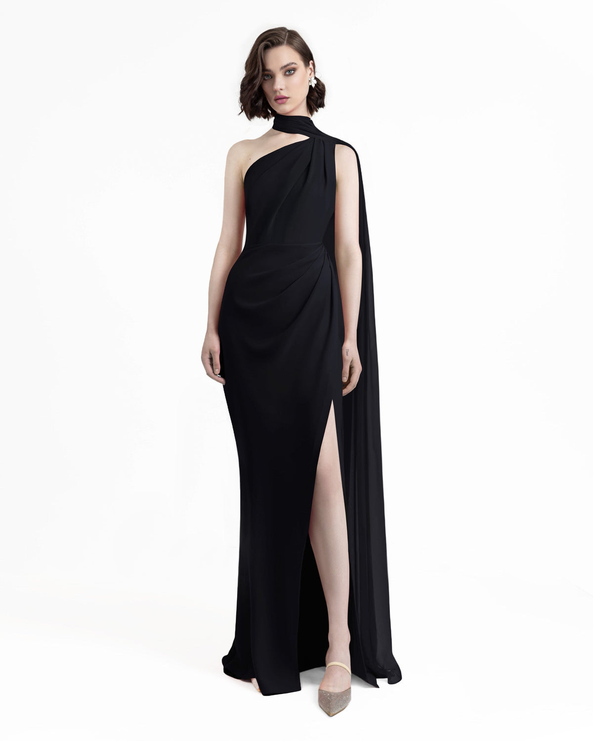 Asymmetrical Draping Black Crepe Dress