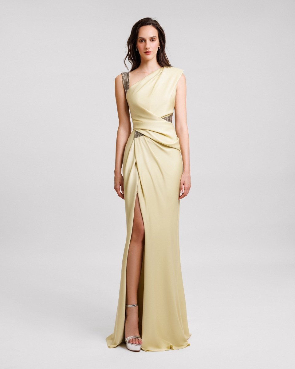 Embellished Asymmetrical Neckline Dress