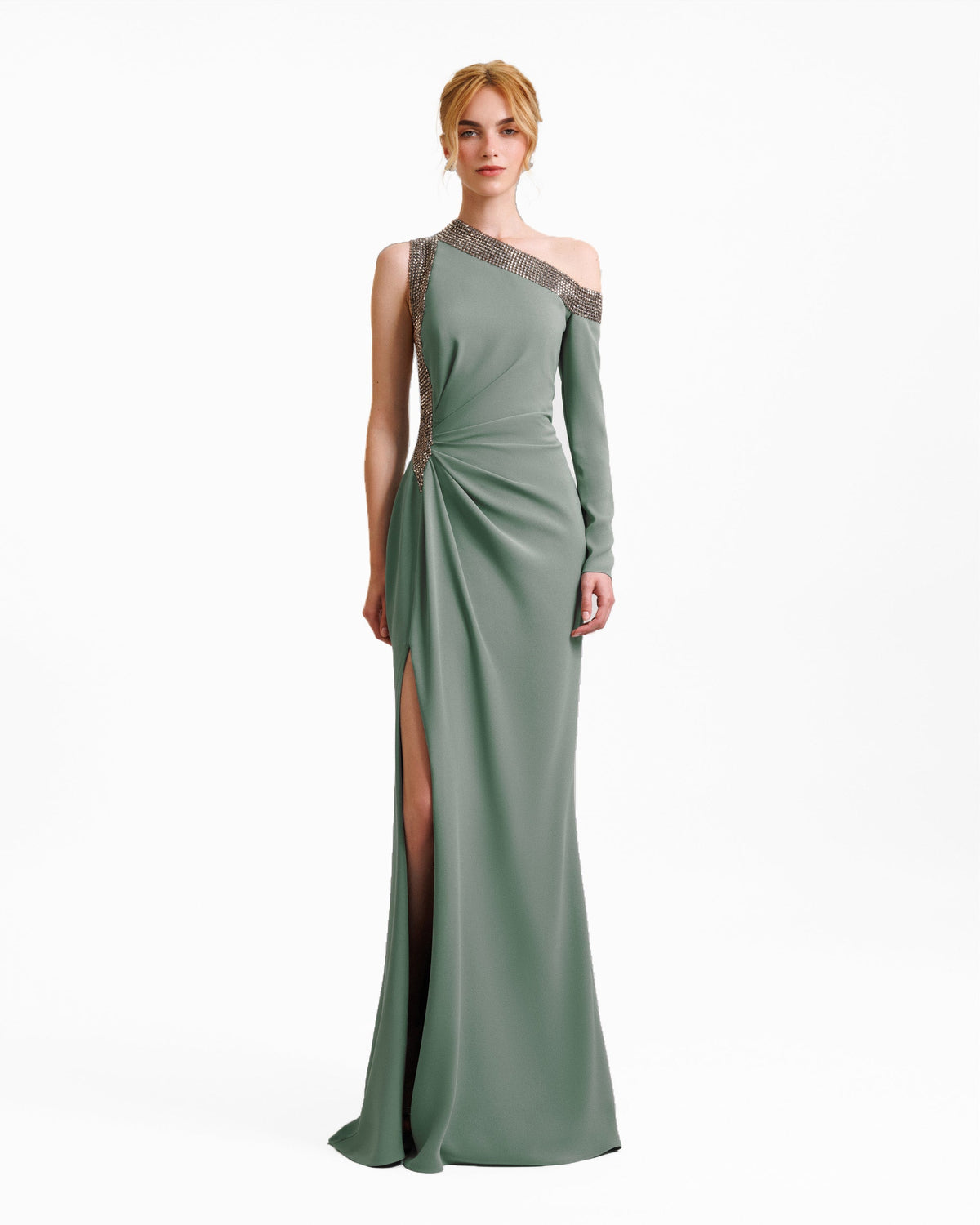 Embellished Asymmetrical Neckline Dress