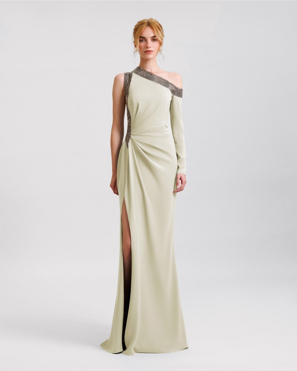 Embellished Asymmetrical Neckline Dress