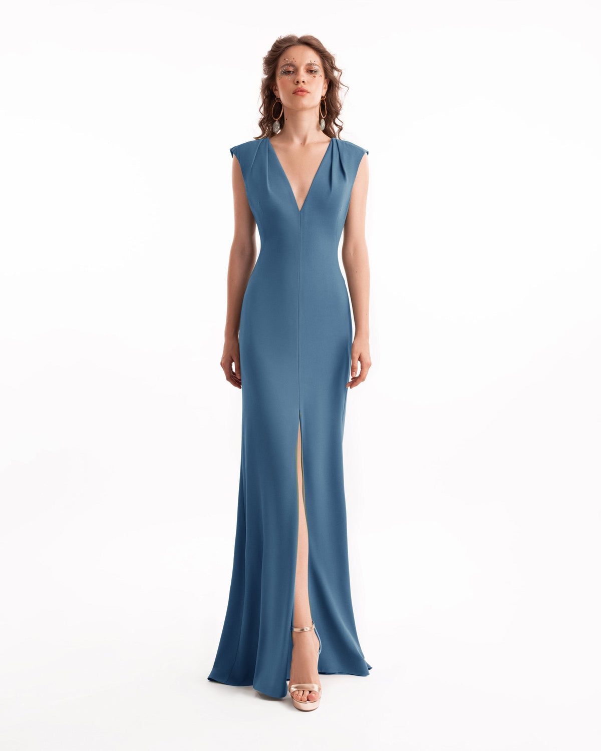 Slim V-Neck Dress with Pleated Shoulders