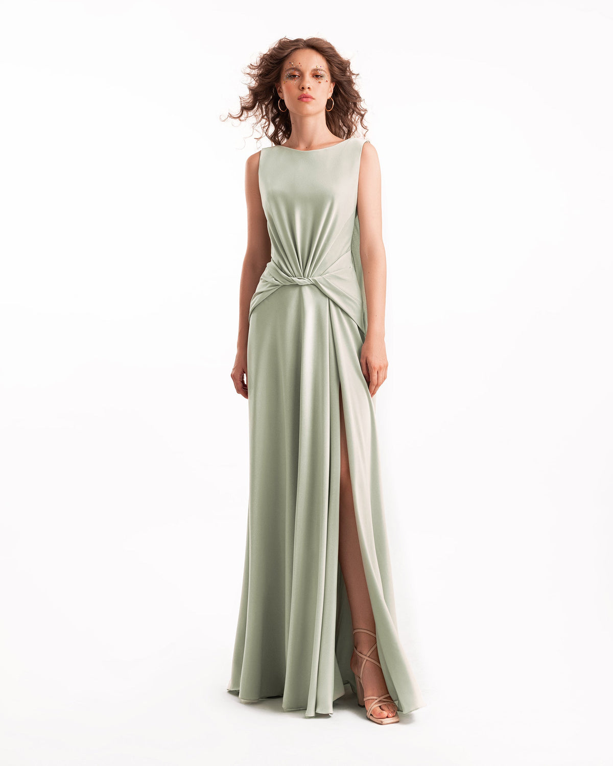 Draped Satin Dress with Knot Waist