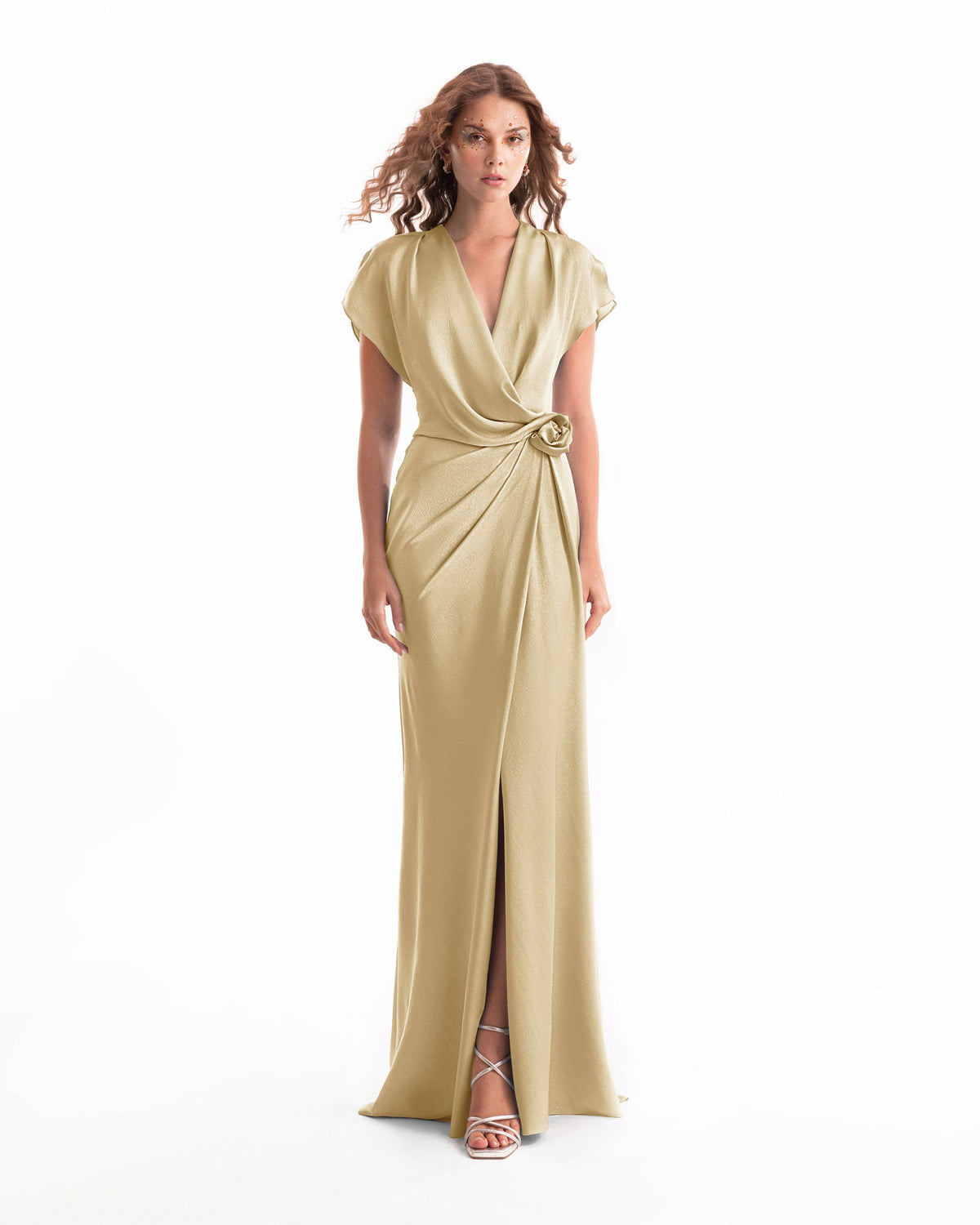 Draped V-Neck Dress with Flower Detail