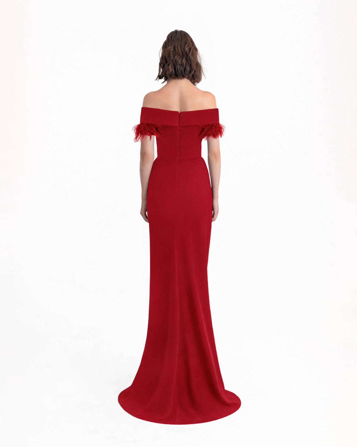 Slim Cut Red Dress With Feathers