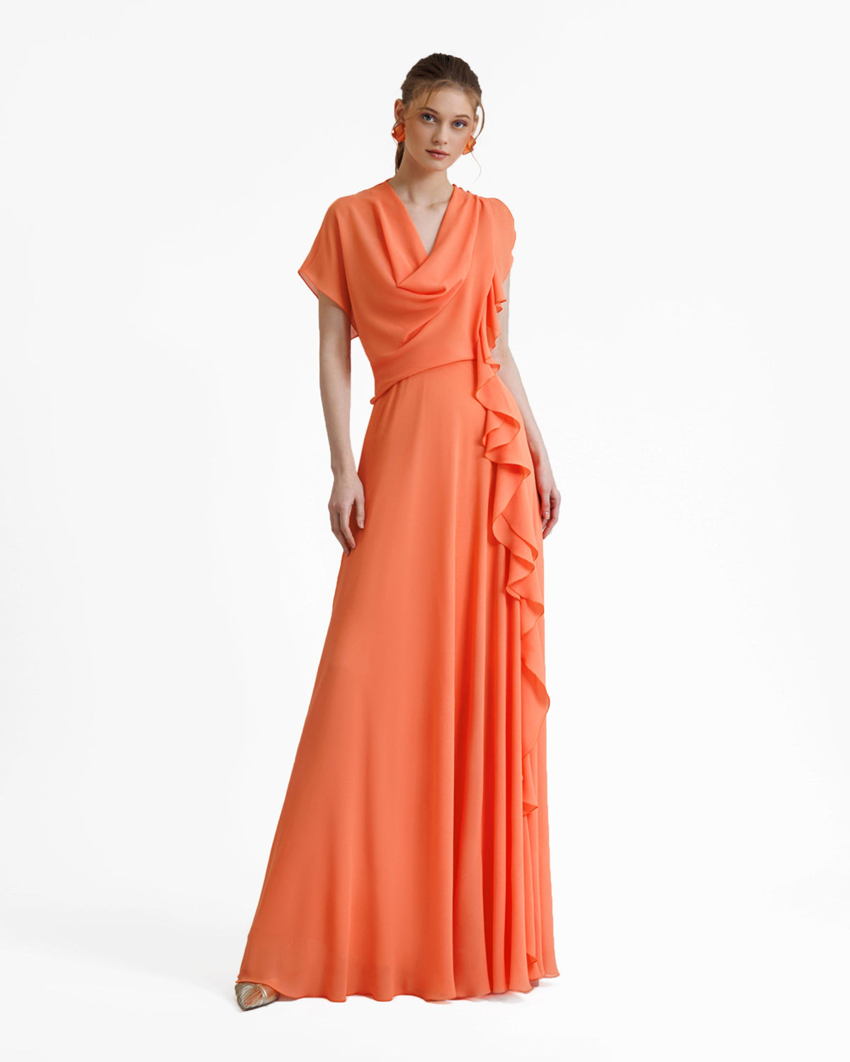 Draped Orange Chiffon Dress