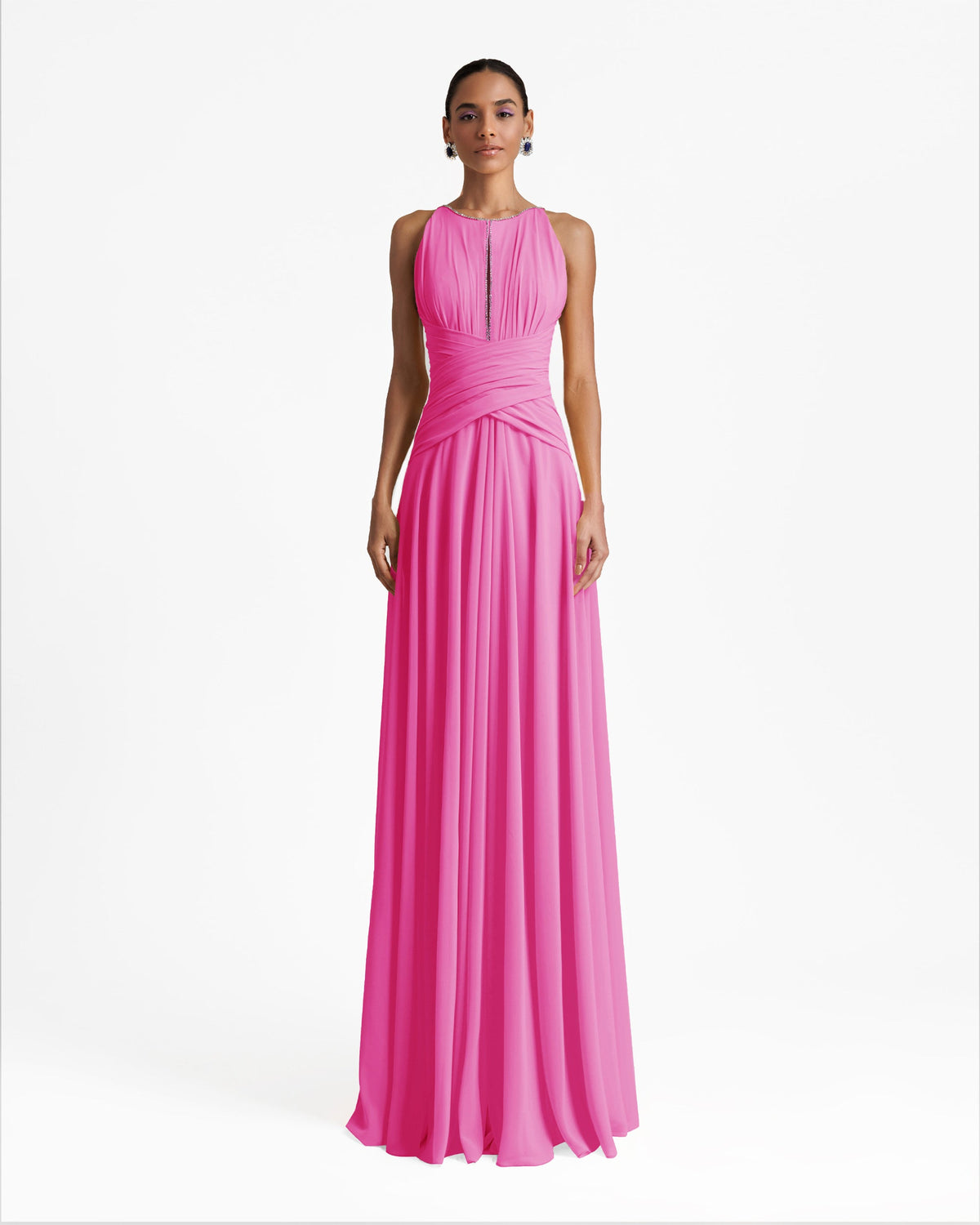 Long Candy Pink Dress With Drapings On The Waist
