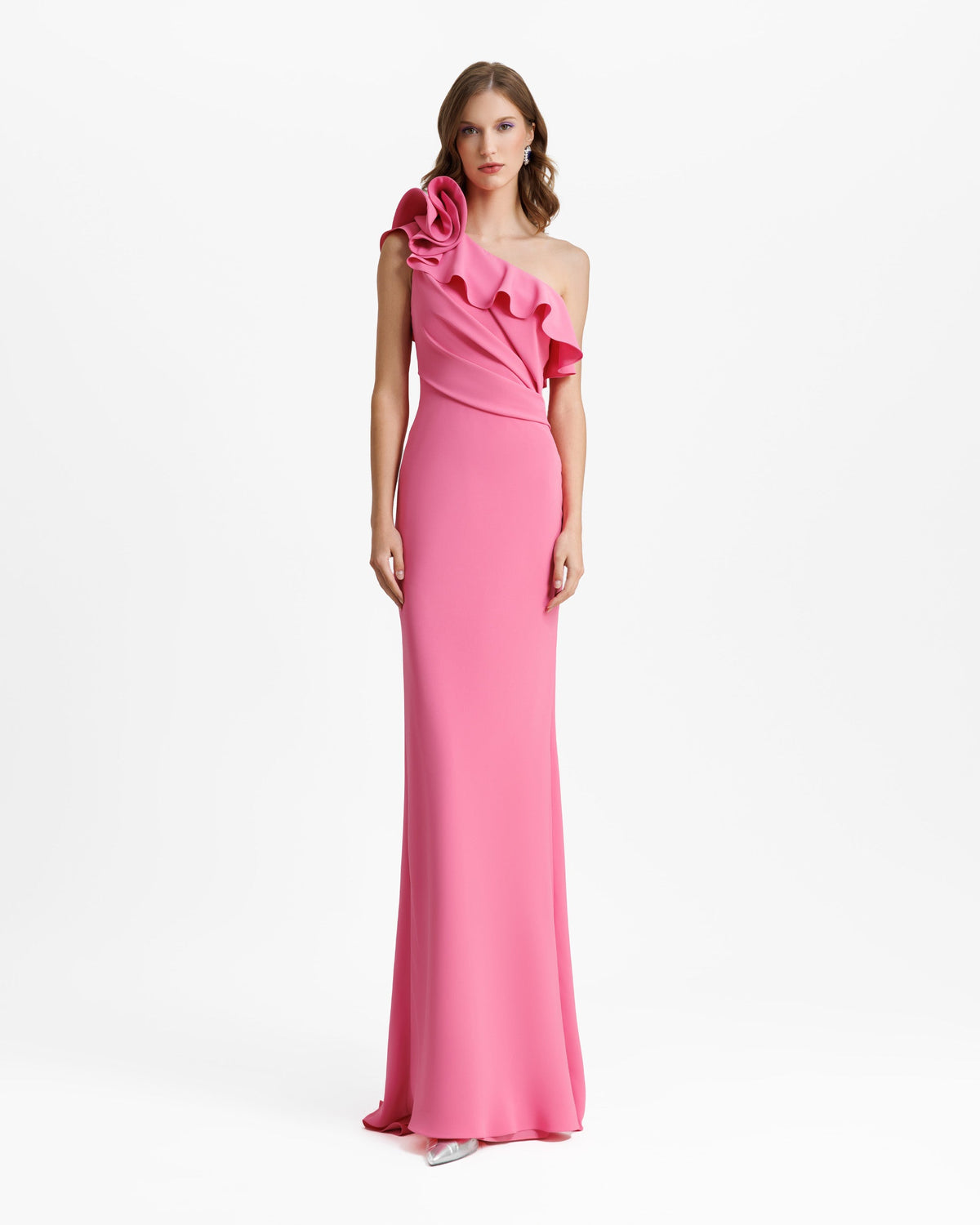 One-Shoulder Ruffled Neckline Candy Pink Dress