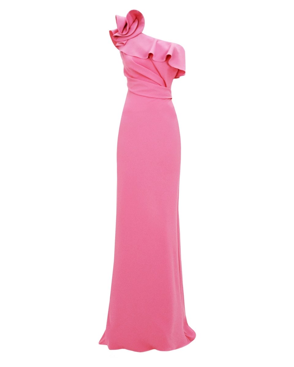 One-Shoulder Ruffled Neckline Candy Pink Dress