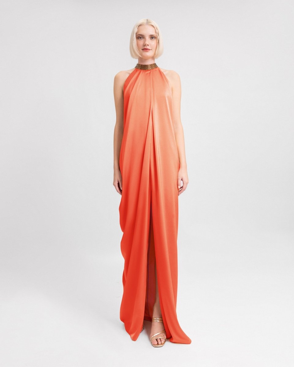 Loose-Cut Dress with Beaded Collar