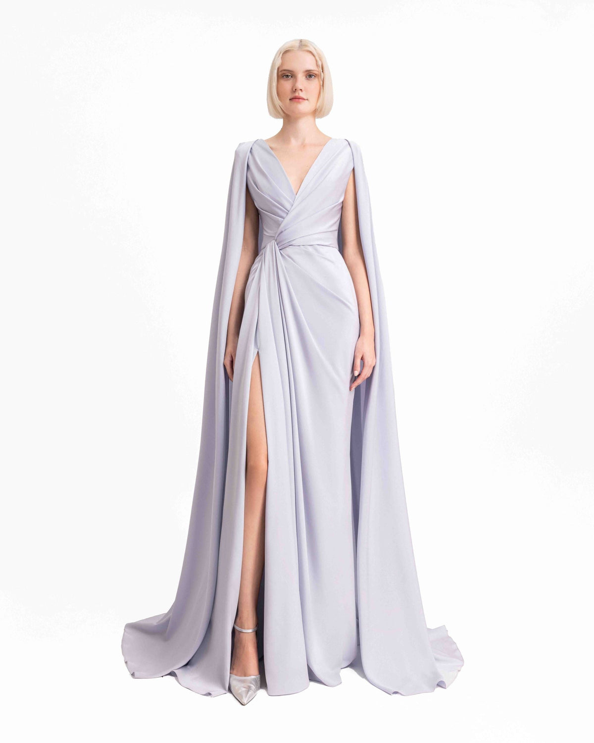 Draped Dress with Cape-Like Sleeves