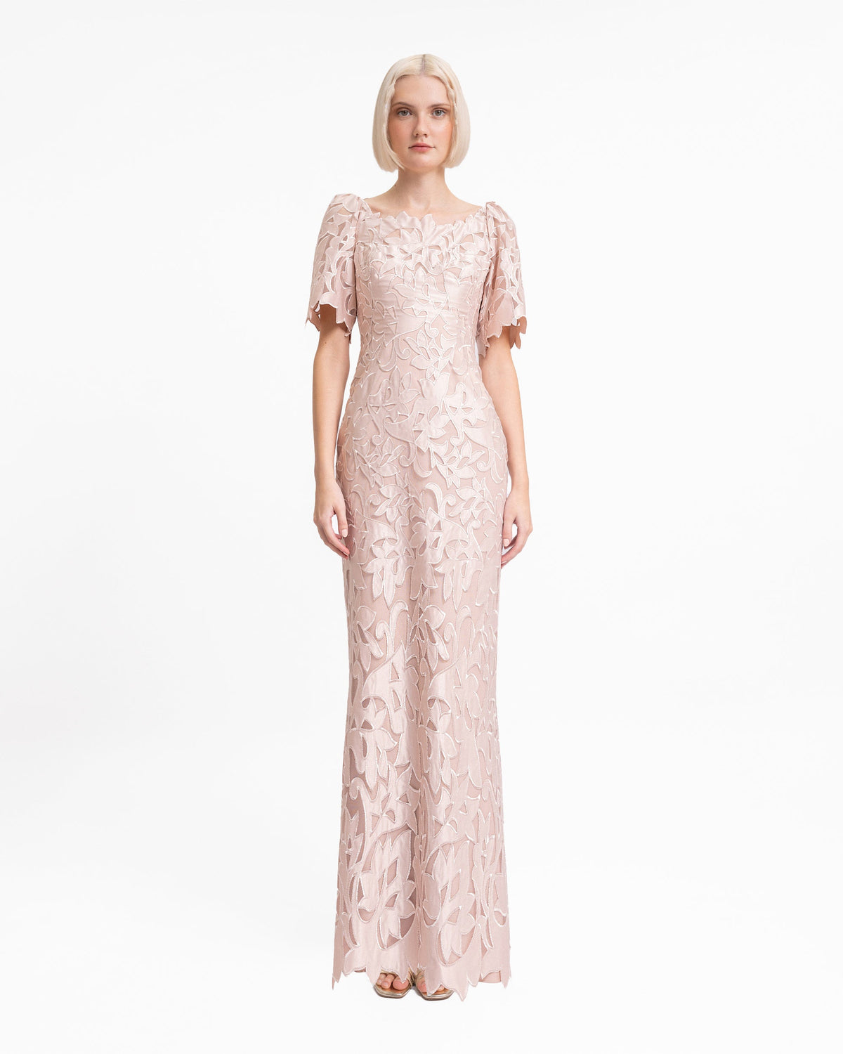 Embroidered Satin Long Dress