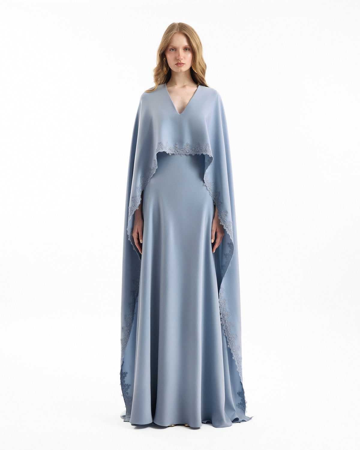 V-Neck Dress with Embroidered Cape