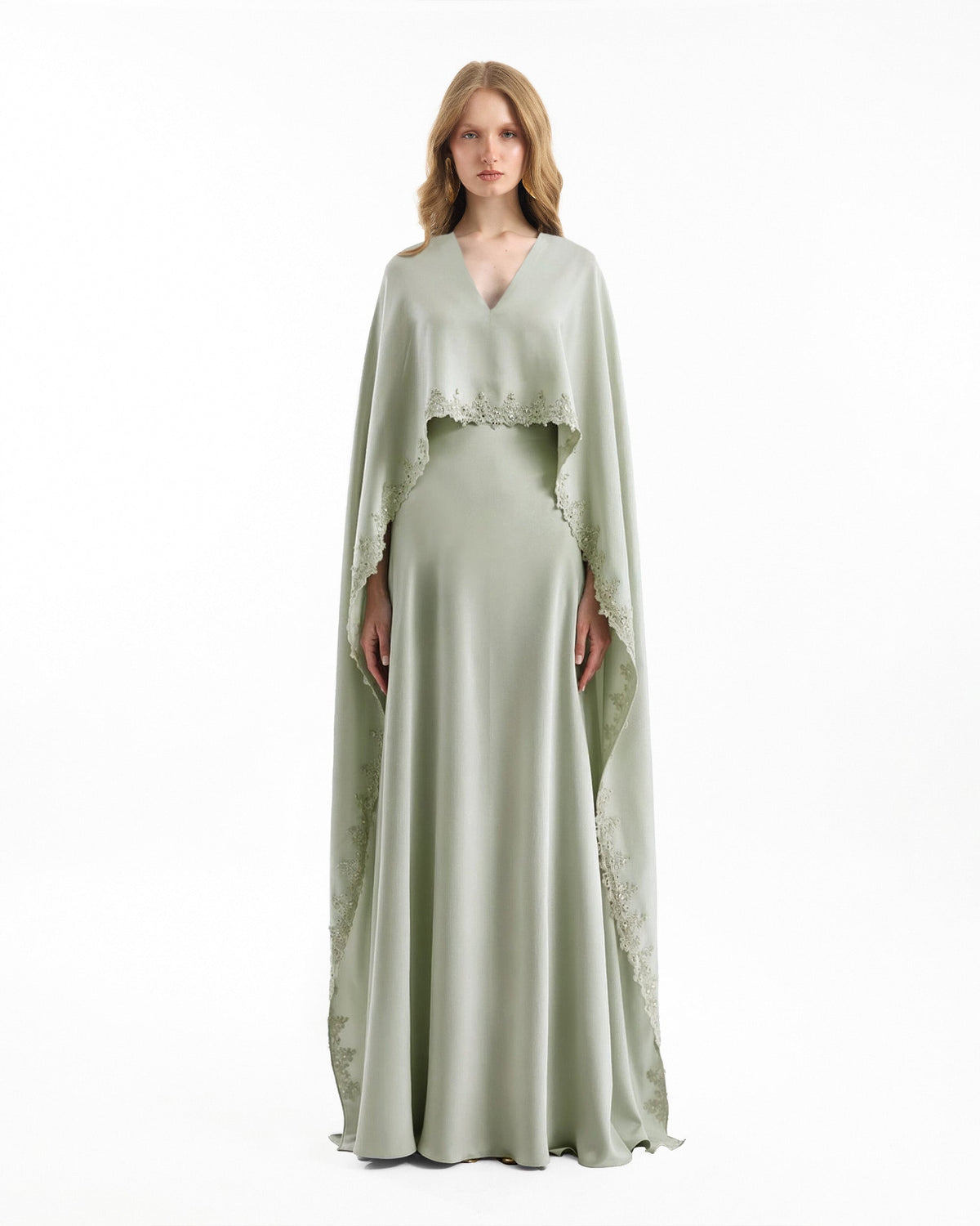 V-Neck Dress with Embroidered Cape