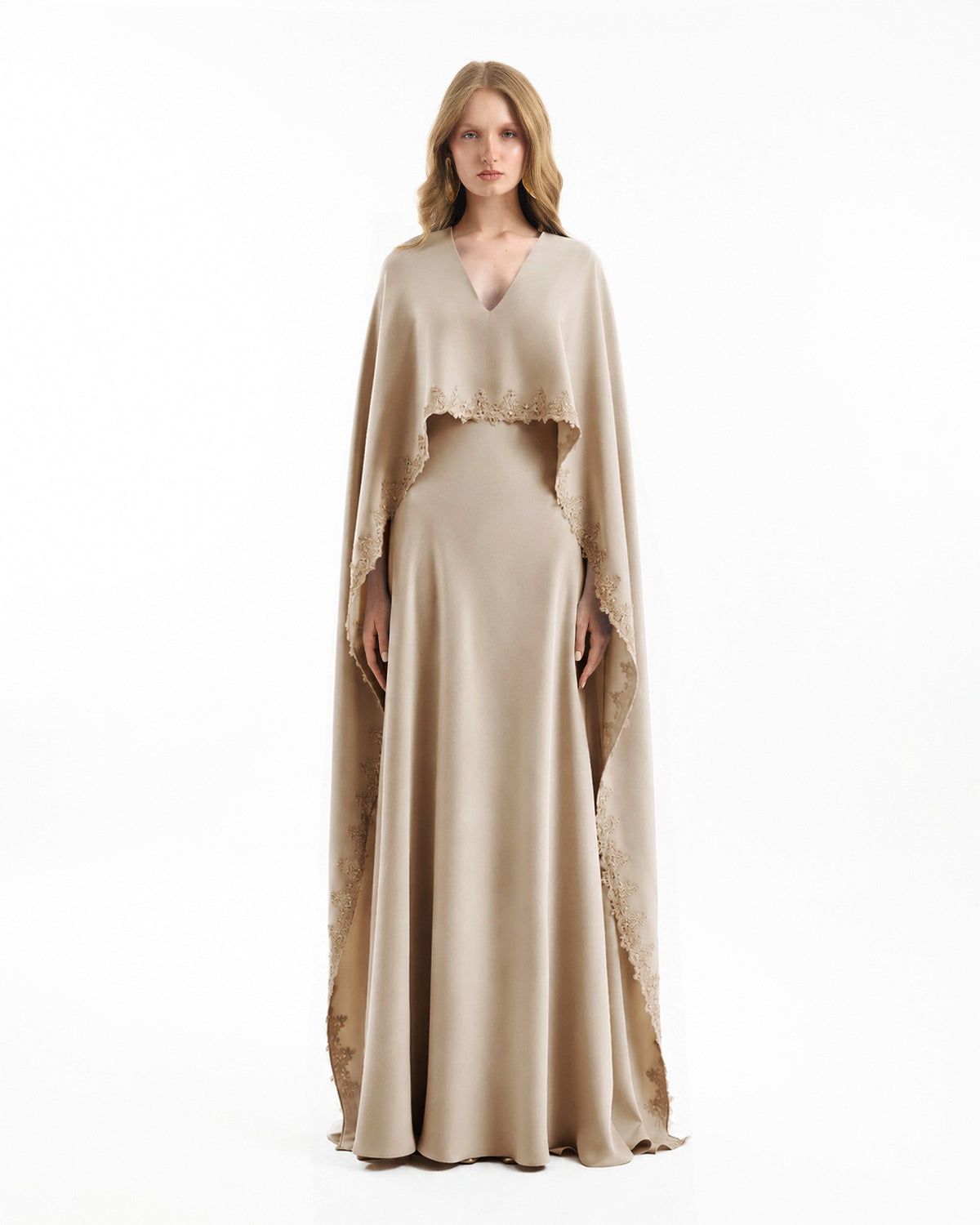 V-Neck Dress with Embroidered Cape