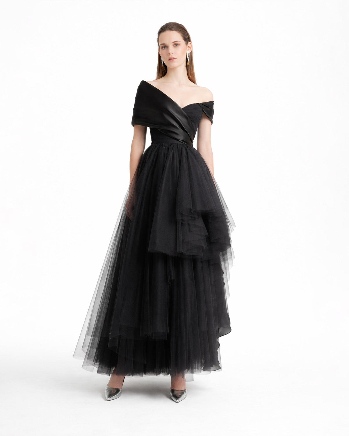Draped and Ruffled Tulle Dress