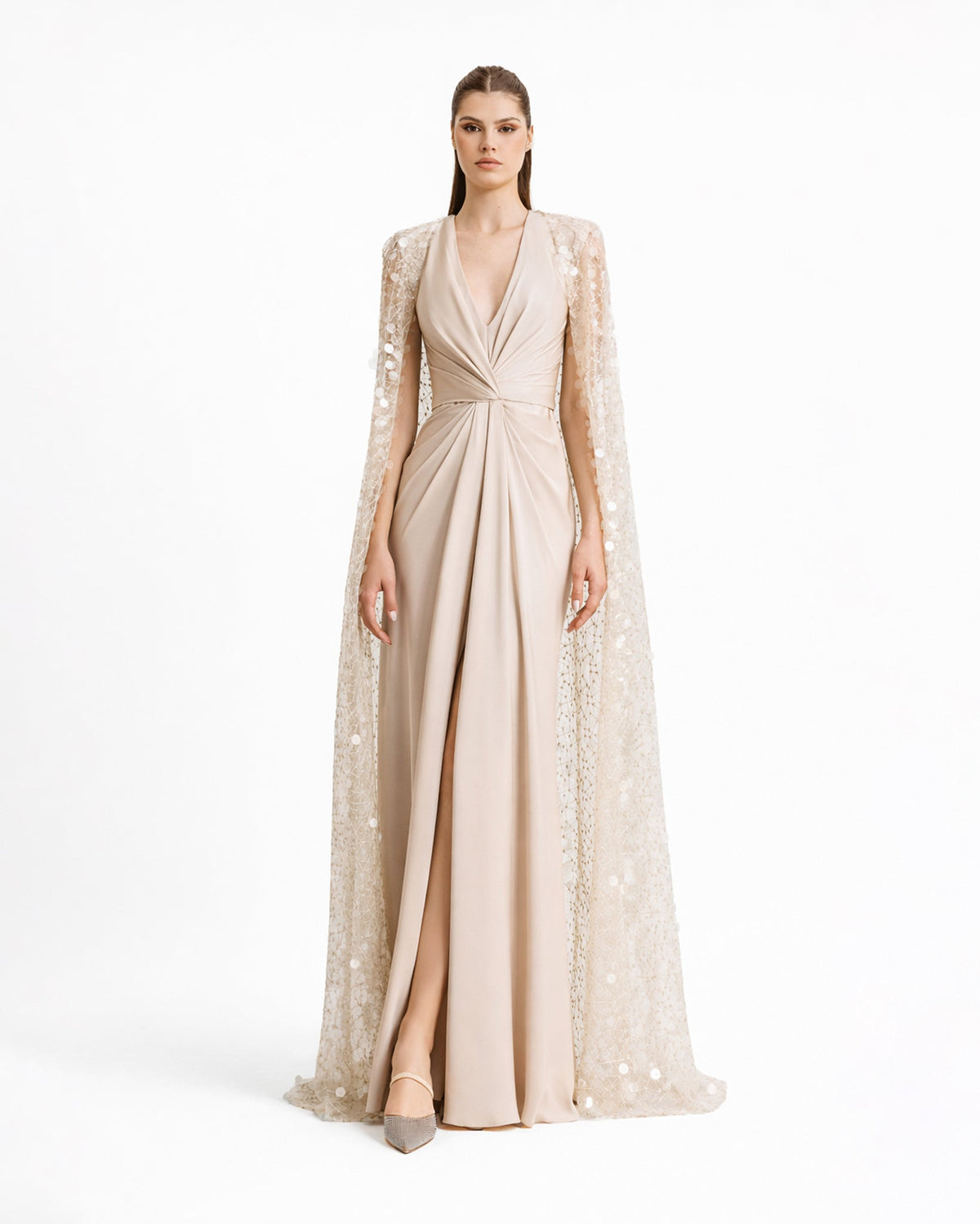 Draped Dress With Beaded Cape