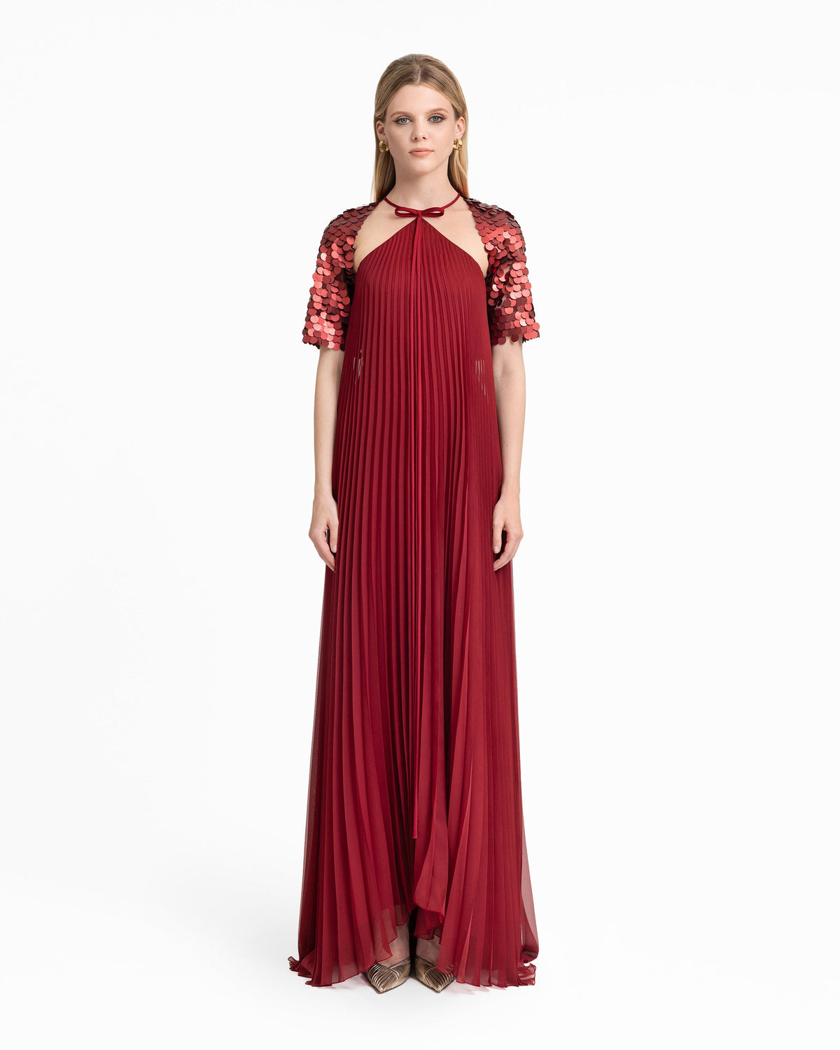 Halter Plissé Dress with Bow and Bolero Sleeves