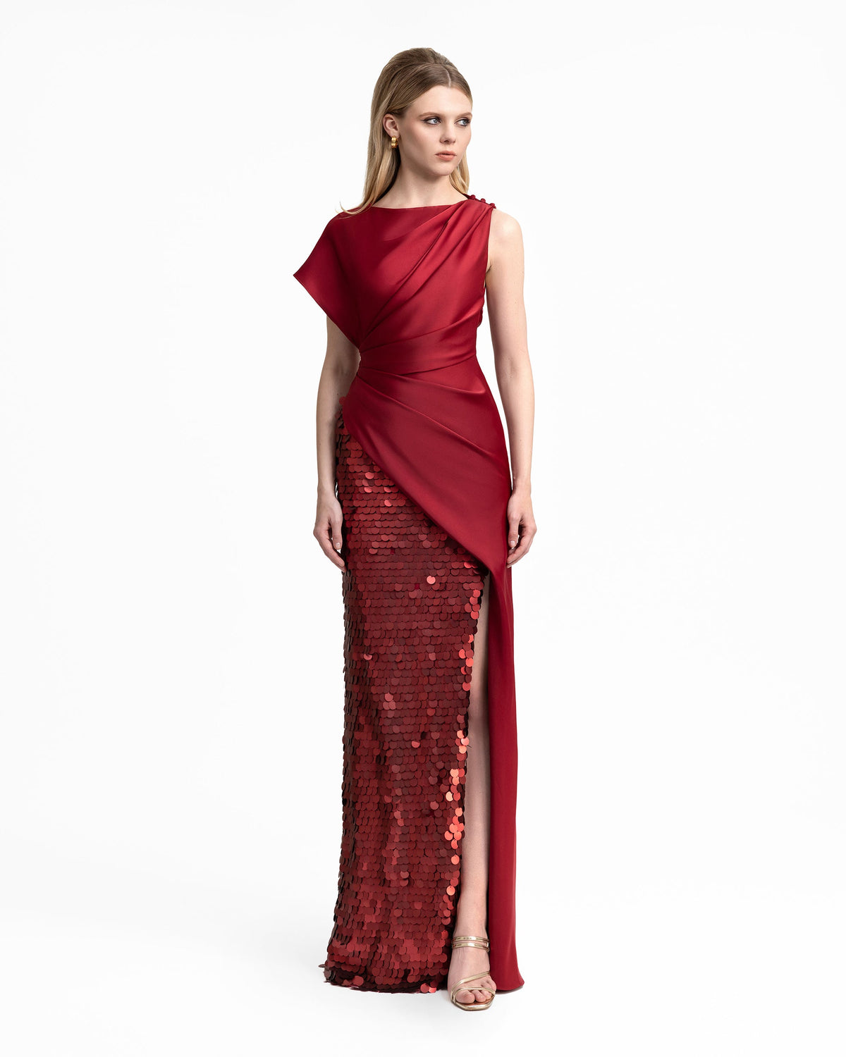 Asymmetrical Satin Dress with Slit and Sequins